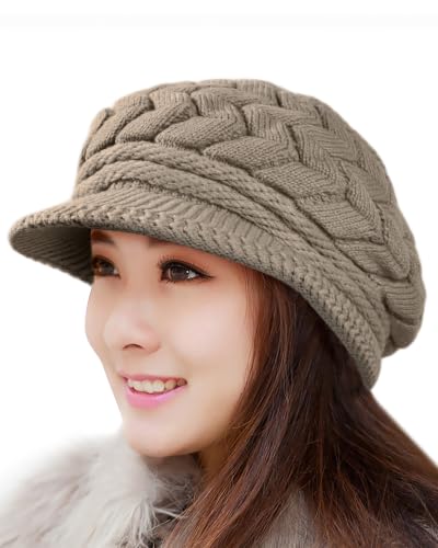 Loritta Womens Winter Beanie Hats, Thick Warm Beanie with Visor Brim - color: Coffe