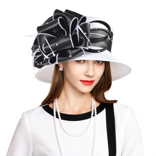 2026 Bucket Hats for Women Ladies Girls, Autumn Winter Fascinator Hat for Derby Kentucky Church Bridal UV Protection - color: A-4585b-white/Black