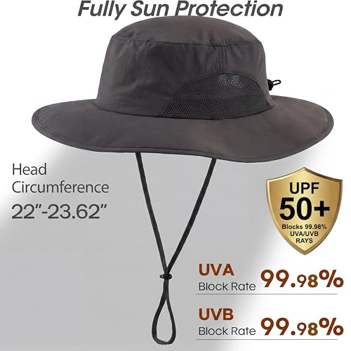 Home Prefer UPF50+ Mens Sun Hat Wide Brim Fishing Hat for Men UV Protection Womens Beach Bucket Hat for Golf Hiking Gardening - color: Dark Grey