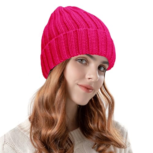ZOORON 1&2 Winter Beanie for Women Soft Warm Slouchy Knit Hat Ski Stocking Cuffed Cap - color: Rose Red
