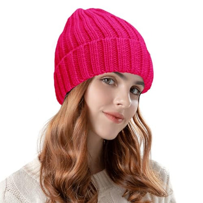 ZOORON 1&2 Winter Beanie for Women Soft Warm Slouchy Knit Hat Ski Stocking Cuffed Cap - color: Rose Red