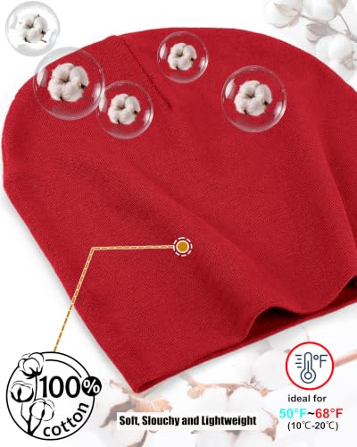ROYBENS Thin 100% Cotton Beanie for Men Women Lightweight Slouchy Chemo Hat - color: 1pcs-red