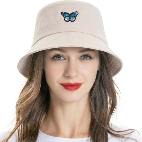 ZLYC Cotton Bucket Hat for Women Men Embroidered Packable Summer Sun Cap - color: Butterfly Beige