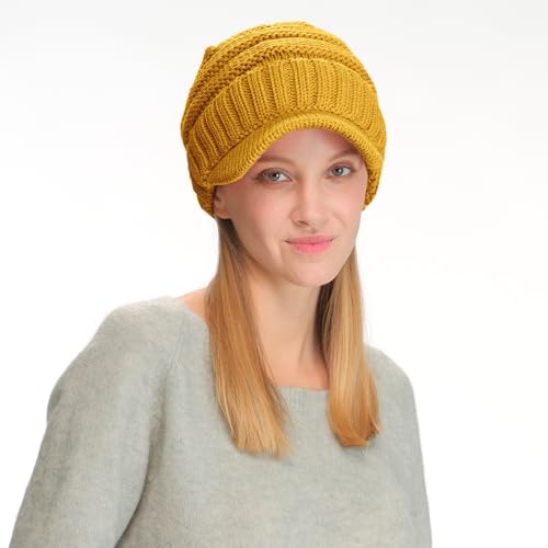C.C Trendy Warm Oversized Chunky Soft Oversized Ribbed Slouchy Knit Hat with Visor Brim - color: Mustard