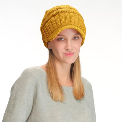 C.C Trendy Warm Oversized Chunky Soft Oversized Ribbed Slouchy Knit Hat with Visor Brim - color: Mustard