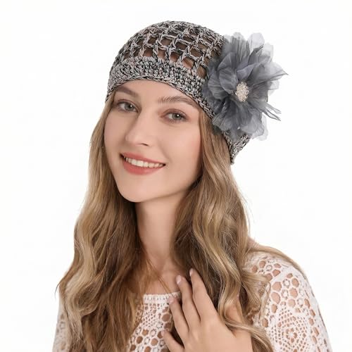 ZLYC Women Crochet Beanie Hat Summer Handmade Knit Decorated Skull Cap - color: Floral Black