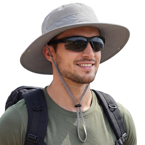 Connectyle UPF 50+ Wide Brim Sun Hat for Men Breathable Cowboy Boonie Hats Outdoor Bucket Hat for Fishing Hiking Safari - color: Grey