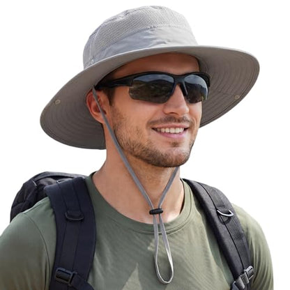 Connectyle UPF 50+ Wide Brim Sun Hat for Men Breathable Cowboy Boonie Hats Outdoor Bucket Hat for Fishing Hiking Safari - color: Grey