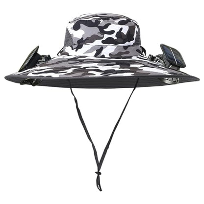 Men Women Wide Brim Sun Hats with 2 Solar Fan Waterproof Breathable Bucket Hat Outdoor Fishing Hat for Hiking Camping - color: Camo Black White