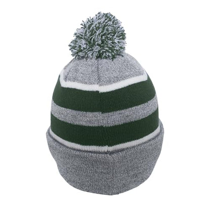 Pacific Headwear Unisex Adult Pacific Headwear Knit Fold Over Pom-pom Beanie - color: Heather/Dark Green/White, size: One Size