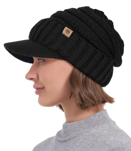 Women Men Winter Beanie Hat with Visor, Warm Fleece Lined Beanie Cap, Thick Knit Cap Slouchy Hat with Brim - color: Black