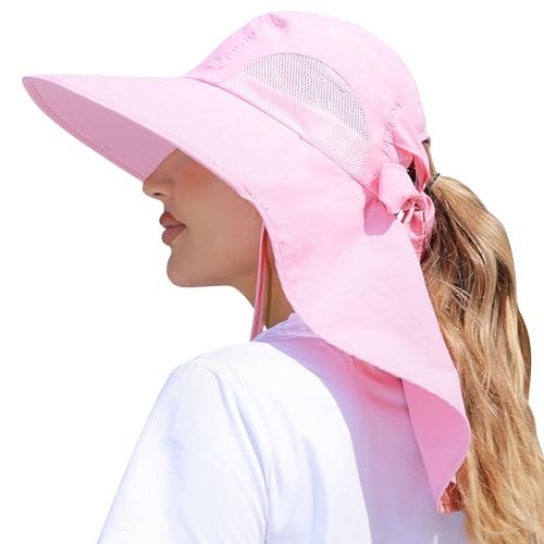 Womens Sun Hat Outdoor UV Protection Wide Brim Fishing Hat with Ponytail Hole Neck Flap for Beach Hiking Camping - color: Sun Hat-pink