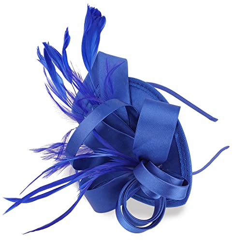Kentucky Derby Fascinators for Women High Tea Party Hat Wedding Cocktail Flower Headware with Mesh and Feathers - color: Y-blue