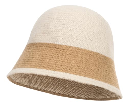 Women Winter Knit Bucket Hat - Black Vintage Warm Beanie Fashion Cloche Hat - color: Beige10