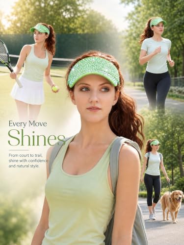 Women Shiny Rhinestone Bling Sun Visor Adjustable Tennis Beach Ponytail Hat - color: Green Hat+white Rhinestone