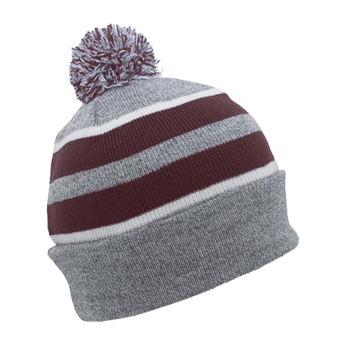 Pacific Headwear Unisex Adult Pacific Headwear Knit Fold Over Pom-pom Beanie - color: Heather/Maroon/White