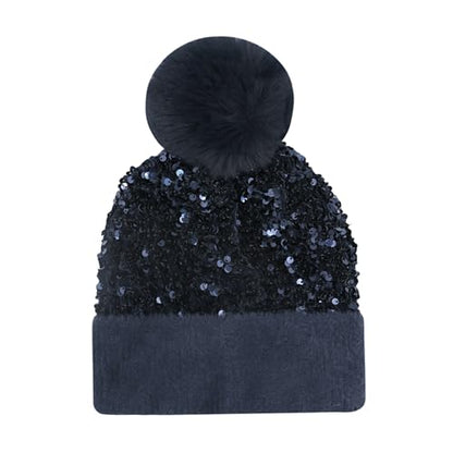 Women Sparkly Sequins Knitted Beanie Hat Warm Winter Skull Cap with Faux Fur Pom Pom - color: Dark Blue
