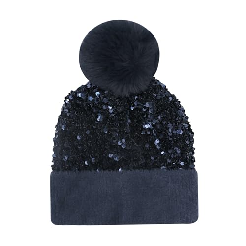 Women Sparkly Sequins Knitted Beanie Hat Warm Winter Skull Cap with Faux Fur Pom Pom - color: Dark Blue