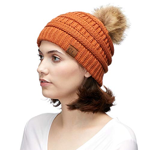C.C Fur Pom Winter Fall Trendy Chunky Stretchy Cable Knit Beanie Hat - color: Solid Rust