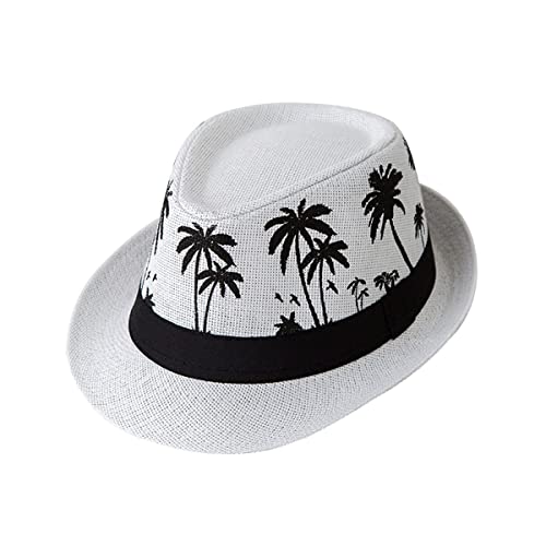 ECYC Ltd Panama Straw Hats Short Brim Fedora Straw Hat Trilby Hat Palm Tree Print Summer Beach Sun Hat Cap for Men Women - color: White