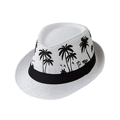 ECYC Ltd Panama Straw Hats Short Brim Fedora Straw Hat Trilby Hat Palm Tree Print Summer Beach Sun Hat Cap for Men Women - color: White