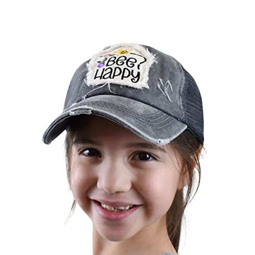 C.C. Childrens' Kids' Girls' Criss Cross High Bun Adjustable Mesh Trucker Baseball Cap - color: Bee Happy, Charcoal