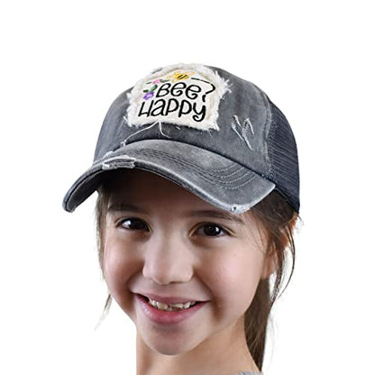 C.C. Childrens' Kids' Girls' Criss Cross High Bun Adjustable Mesh Trucker Baseball Cap - color: Bee Happy, Charcoal