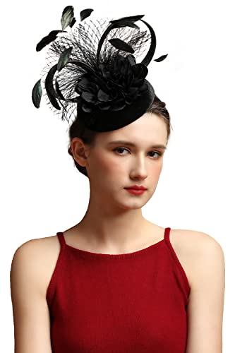 Fascinators Hat for Women Tea Party Headband Wedding Cocktail Flower Mesh Feathers Hair Clip(Black) - color: Black