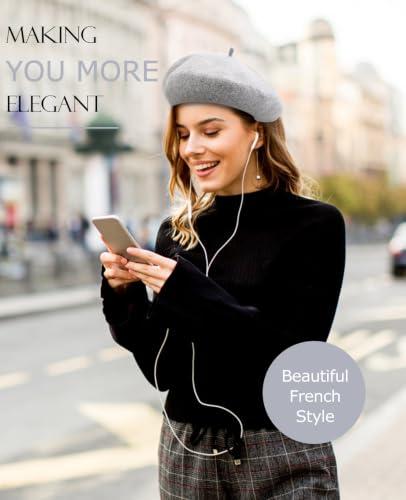French Beret Hats for Women - Soft Warm Wool Solid Color Beanie Winter Cap - color: Light Melange Grey