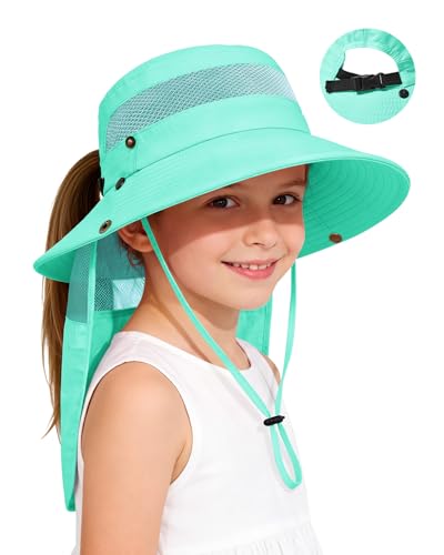 Century Star Kids Sun Hat with Ponytail Hole & Detachable Neck Flap UPF50+ Quick Dry Girls Bucket Hat for Outdoor Beach - color: Lake Blue