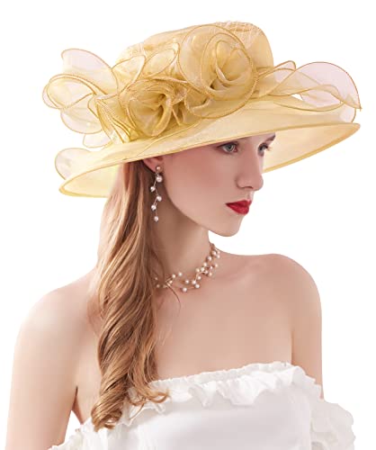 Women Derby Fascinator Hat Organza Church Wedding Hats Wide Brim Cocktail Tea Party Hat - color: 12 Gold