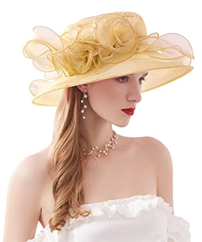 Women Derby Fascinator Hat Organza Church Wedding Hats Wide Brim Cocktail Tea Party Hat - color: 12 Gold