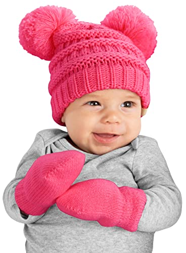 Funky Junque Baby Double Faux Fur Pom Pom Beanie & Mittens Set – Newborn Infant 0–9 Months Winter Hat with Soft Lined Mittens - color: Candy Pink (0-9 Months)