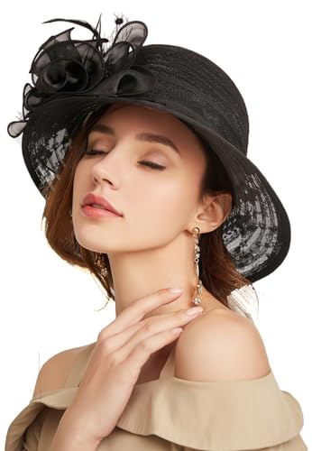 Women's Kentucky Derby Church Dress Hat Wide Brim Leaf Flower Bridal Shower Hat - color: R1 Black
