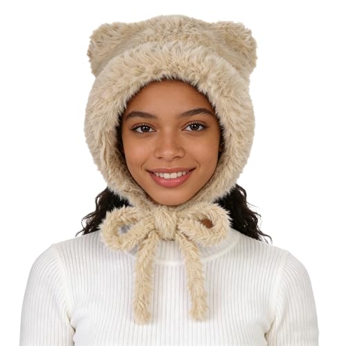 PENINSULA LOVE Winter Bear Ears Beanie Hat for Women Faux Fur Trapper Hat Sherpa Ear Flaps Peruvian Cap Fuzzy Warm Snow Cap - color: Light Khaki
