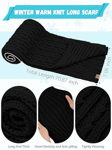 Winter Hat Scarf Gloves Set, Fleece Lined Cable Knit Pompom Hat Women Gift - color: Black
