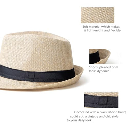 Classic Short Brim Fedora Summer Beach Trilby Hat - color: Black Band-creamy