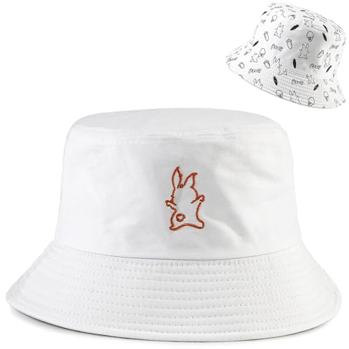 Unisex Bucket Hat Beach Sun Hat Fishing Hat for Men Women Teens, Reversible Double-Side-Wear - color: Rabbit White