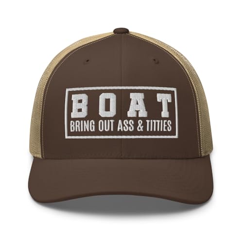 NG Boat Bring Out Ass and Titties Curved Bill Trucker Hat Mid Crown Adjustable Funny Adult Humor Cap - color: Brown/ Khaki