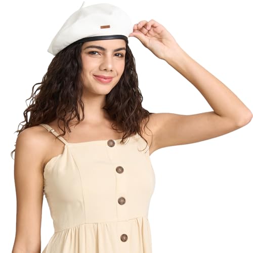 Cotton French Beret Hat for Men Women, Military Style Beret Cap with Leather Label & Drawstring, Casual Beanie - color: White