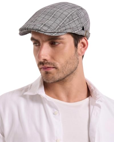 ZLYC Men Cotton Flat Cap Summer Scally Newsboy Beret Driver Hat - color: Plaid Gray