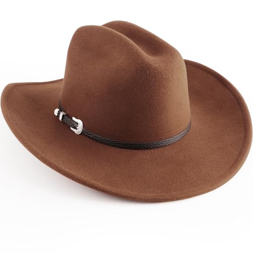 AQOKKA Western Cowboy Hats for Women Classic Felt Wide Brim Fedora Hat with Belt Buckle Retro Panama Hat Unisex Rolled up Cap - color: 1 Pc Fedora Hat A: Khaki
