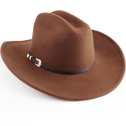 AQOKKA Western Cowboy Hats for Women Classic Felt Wide Brim Fedora Hat with Belt Buckle Retro Panama Hat Unisex Rolled up Cap - color: 1 Pc Fedora Hat A: Khaki