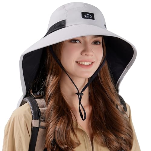 HUAMULAN Women Wide Brim Summer Sun Hat Ponytail Hole with Neck Flap - color: Lightgray With Black Mesh