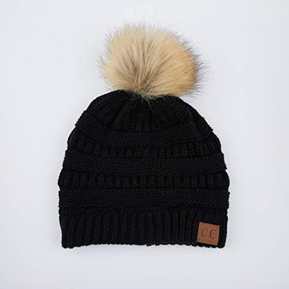 C.C Fur Pom Winter Fall Trendy Chunky Stretchy Cable Knit Beanie Hat - color: Solid Black