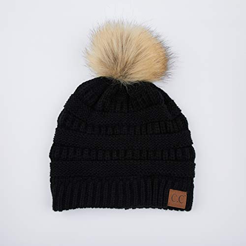 C.C Fur Pom Winter Fall Trendy Chunky Stretchy Cable Knit Beanie Hat - color: Solid Black