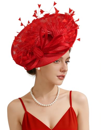 Unpifolov Fascinators Hats Elegant Women Flower Mesh Feathers Wedding Cocktail Bride Headband for Derby Hat Tea Party - color: Red