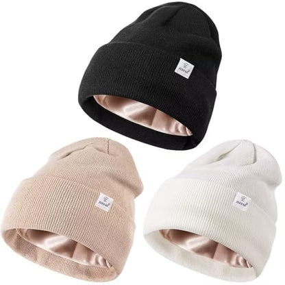 3 Pack Satin Lined Winter Beanie Hats for Women Men,Silk Lined Womens Beanies Knit Soft Warm Cuffed Hat - color: Black+white+beige