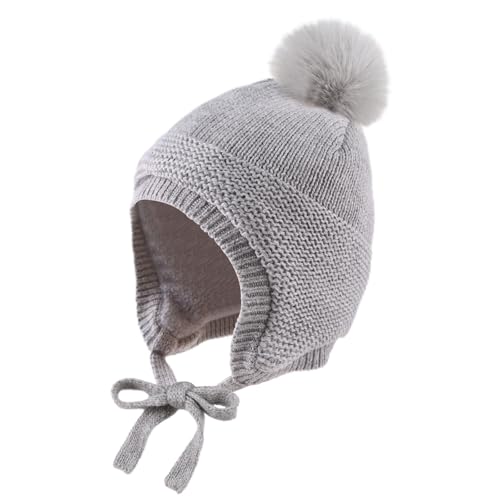 JANGANNSA Basic Winter Baby Boy Beanie Pompom Knit Girl Hat Kid Earflap Cap - color: Gray Pompom Hat, size: 2-5T