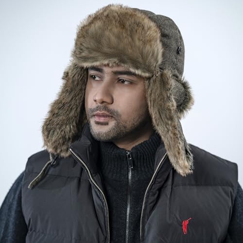 Winter Trapper Hat with Ear Flaps Plaid Russian Ushanka Aviator Hat Faux Fur Hunting Hats for Men Women - color: Brown Ganghua
